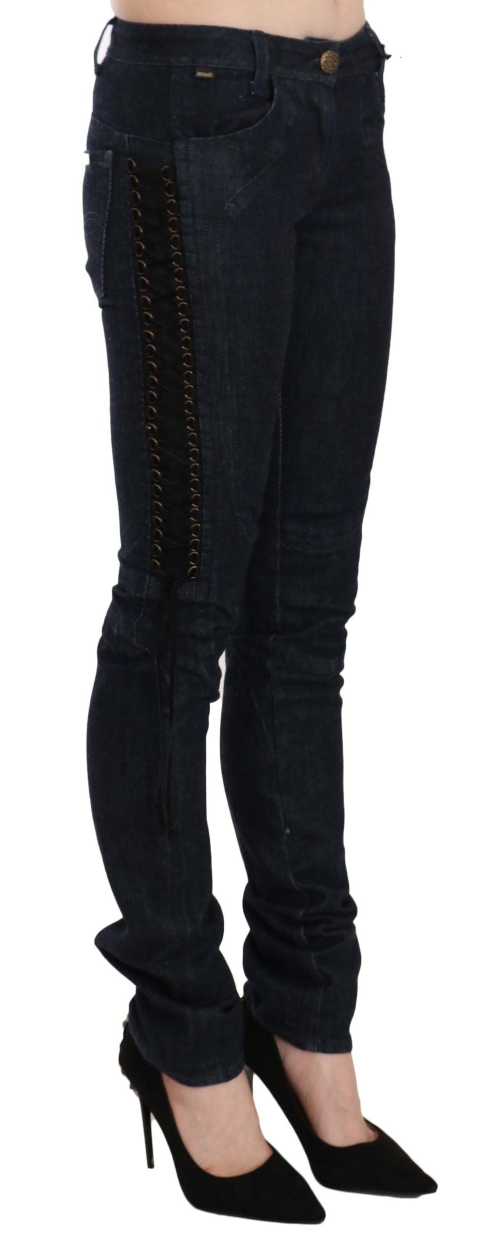 Just Cavalli Pantalon skinny taille basse bleu Pantalon à cordes tressées