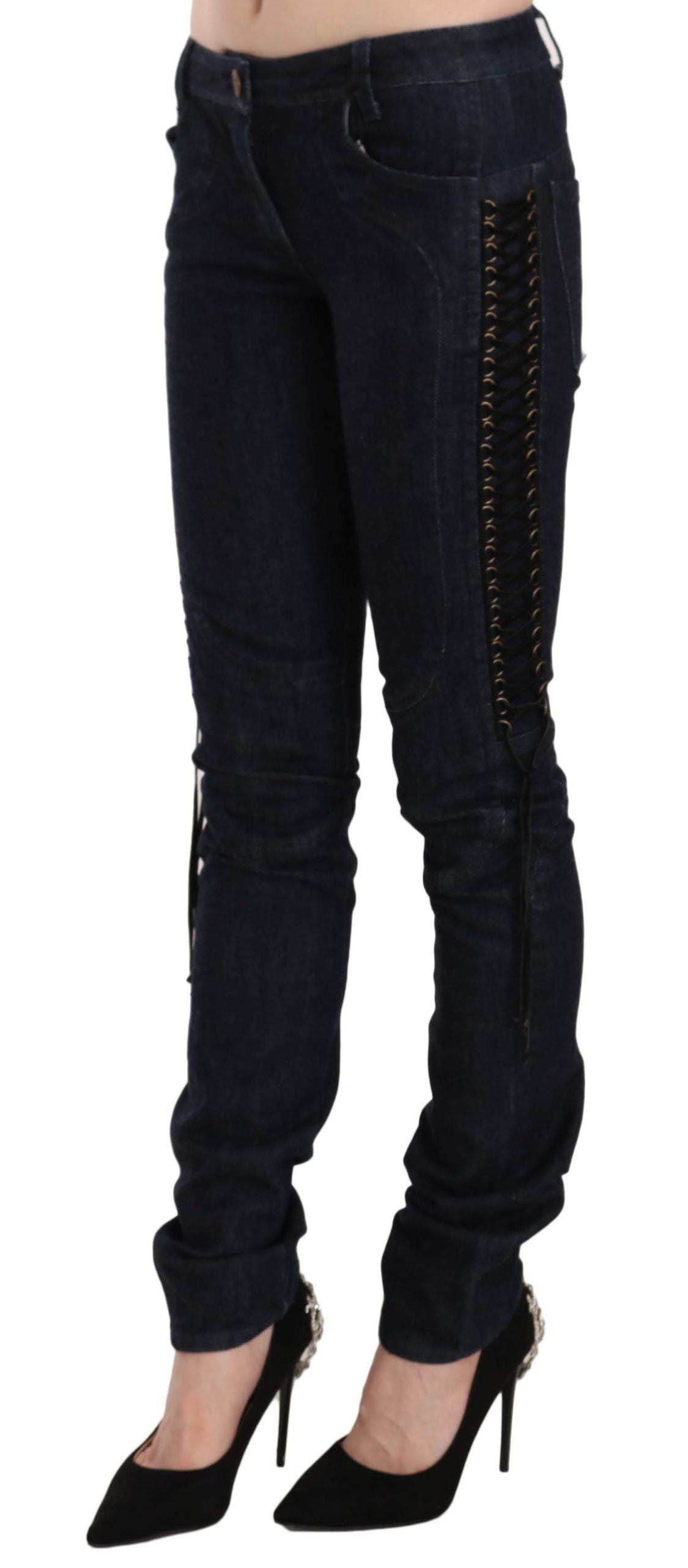 Just Cavalli Pantalon skinny taille basse bleu Pantalon à cordes tressées