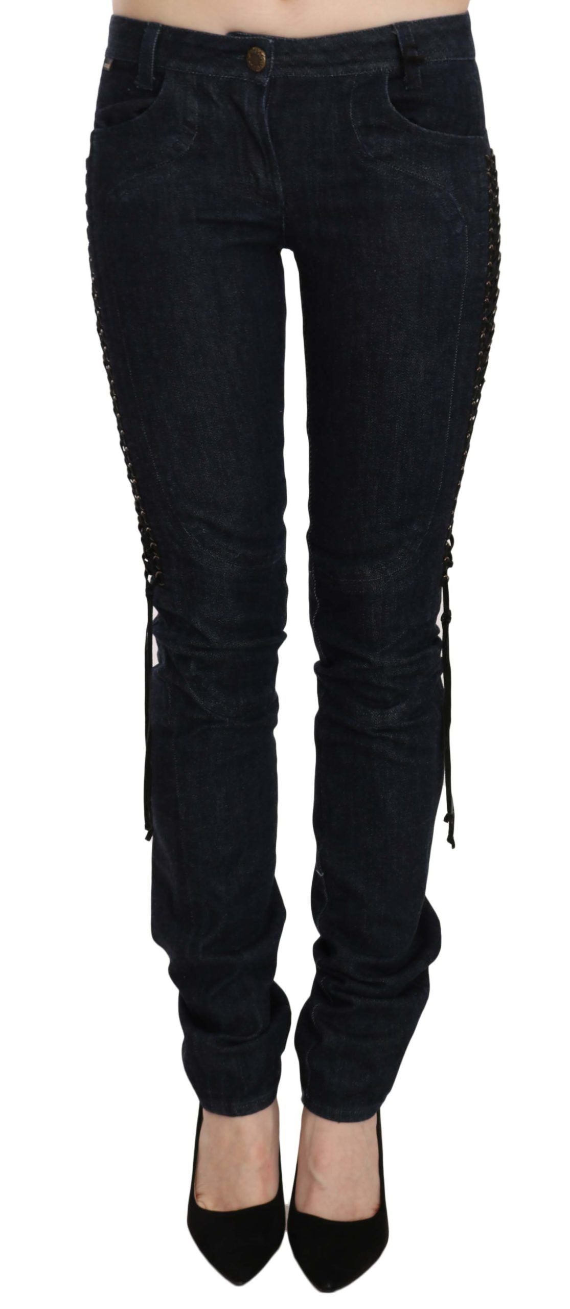 Just Cavalli Pantalon skinny taille basse bleu Pantalon à cordes tressées