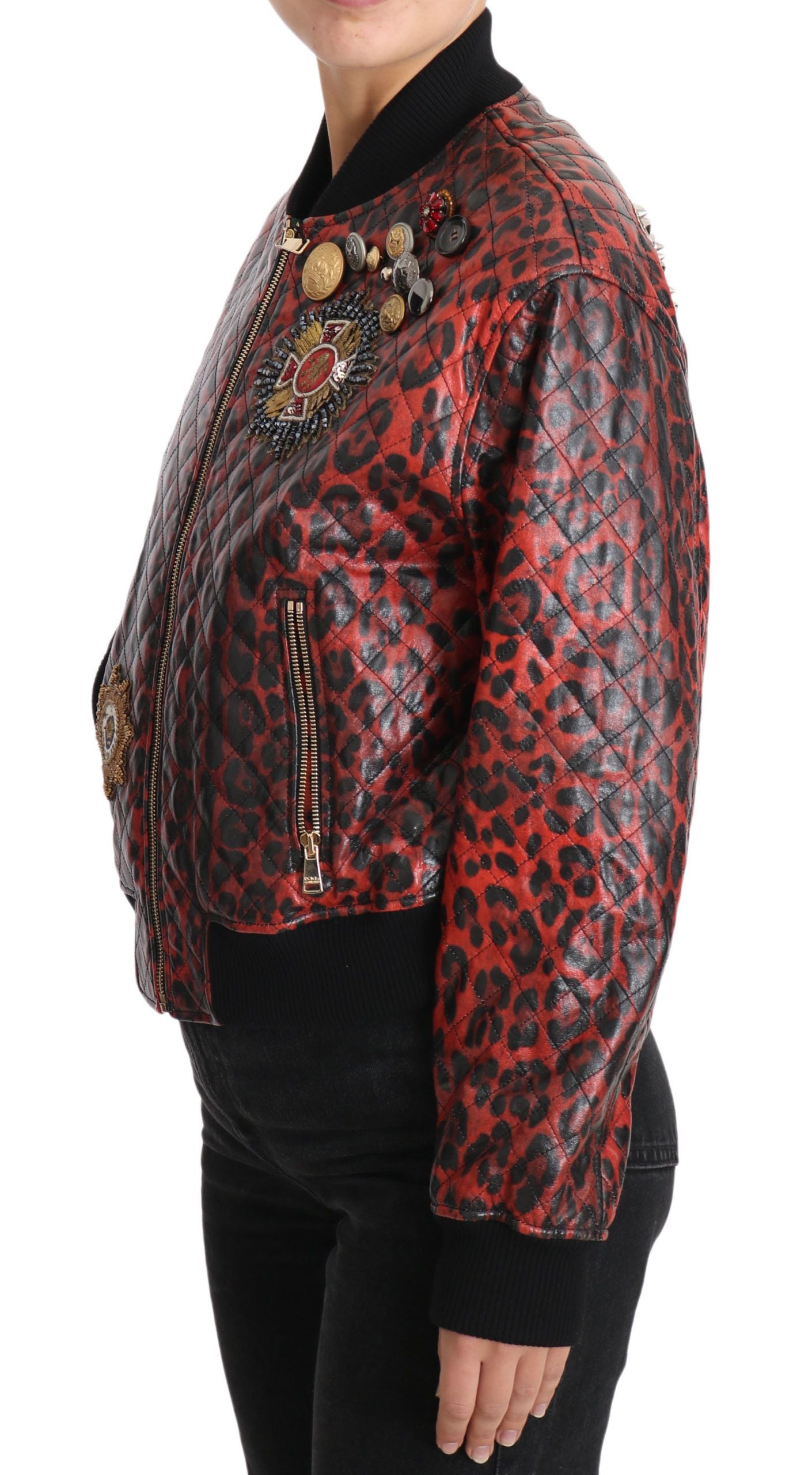 Dolce &amp; Gabbana Rote Lederjacke mit Leopardenknöpfen und Kristallen