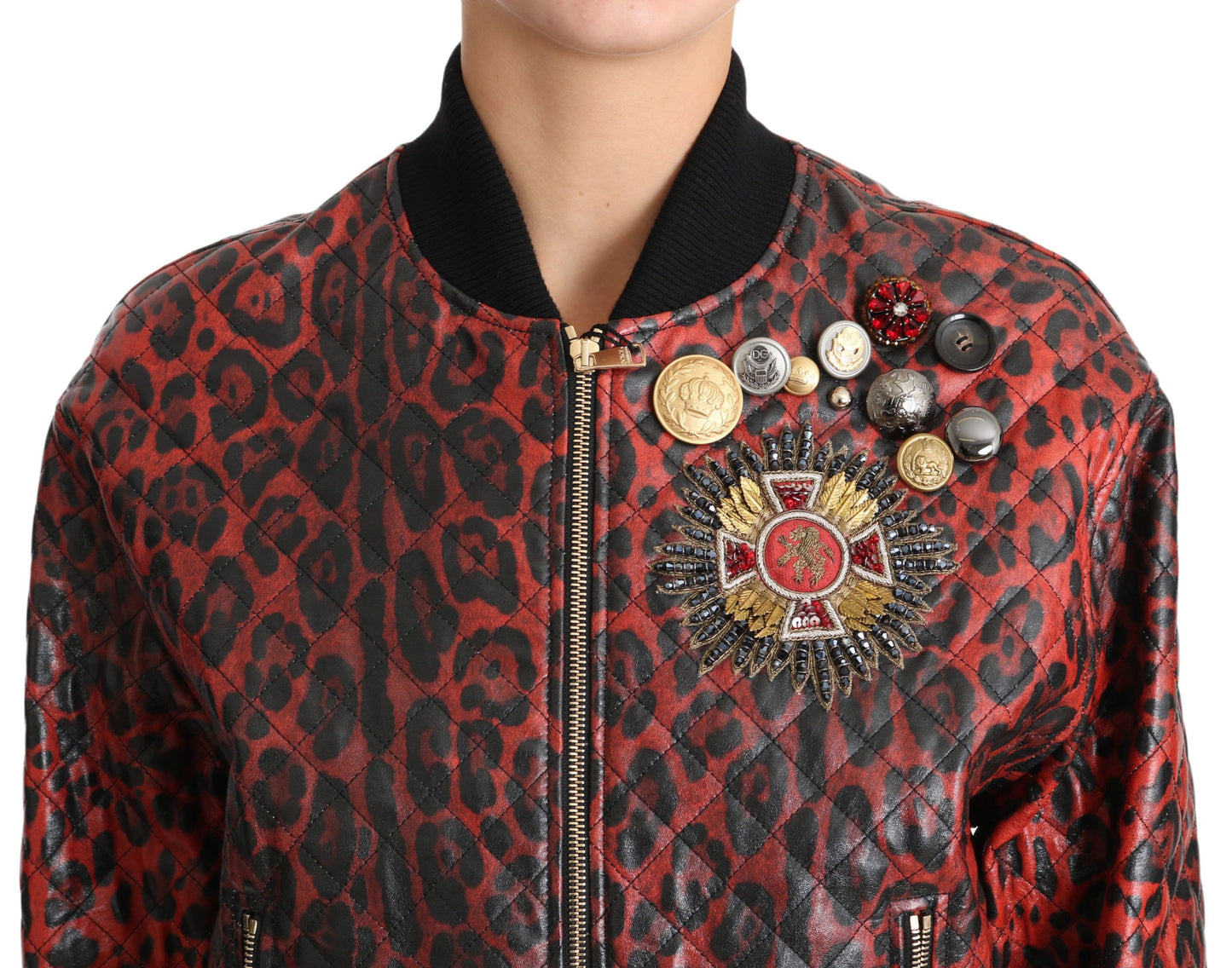 Dolce &amp; Gabbana Rote Lederjacke mit Leopardenknöpfen und Kristallen