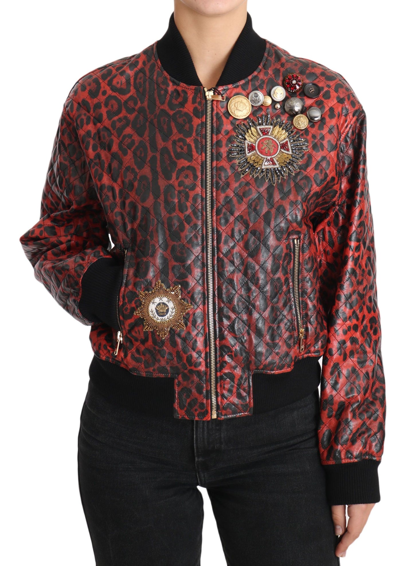 Dolce &amp; Gabbana Rote Lederjacke mit Leopardenknöpfen und Kristallen