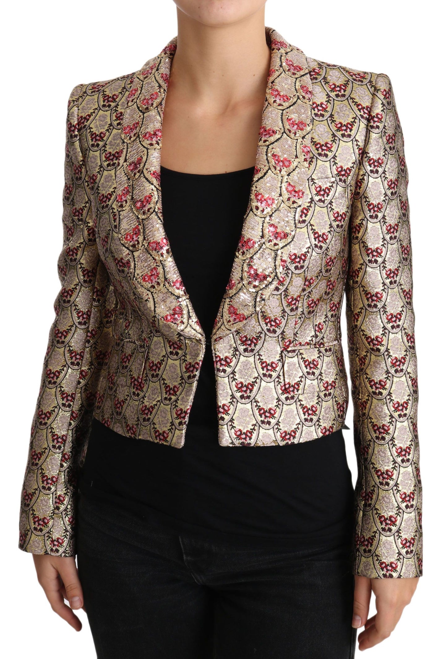 Dolce &amp; Gabbana Blazer-Manteljacke mit goldenem Blumenmuster und Pailletten