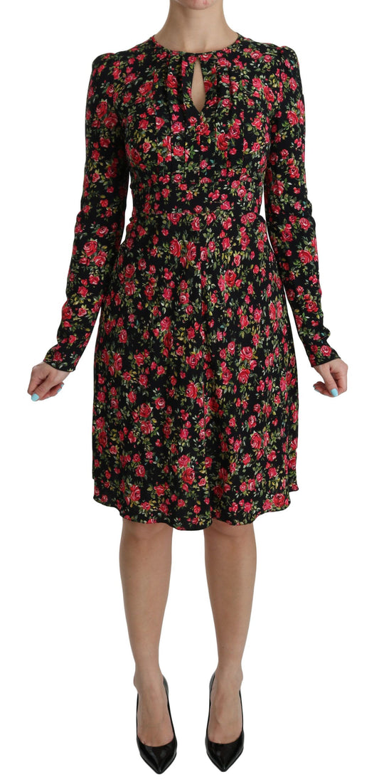 Dolce &amp; Gabbana Robe florale noire à manches longues jusqu'aux genoux