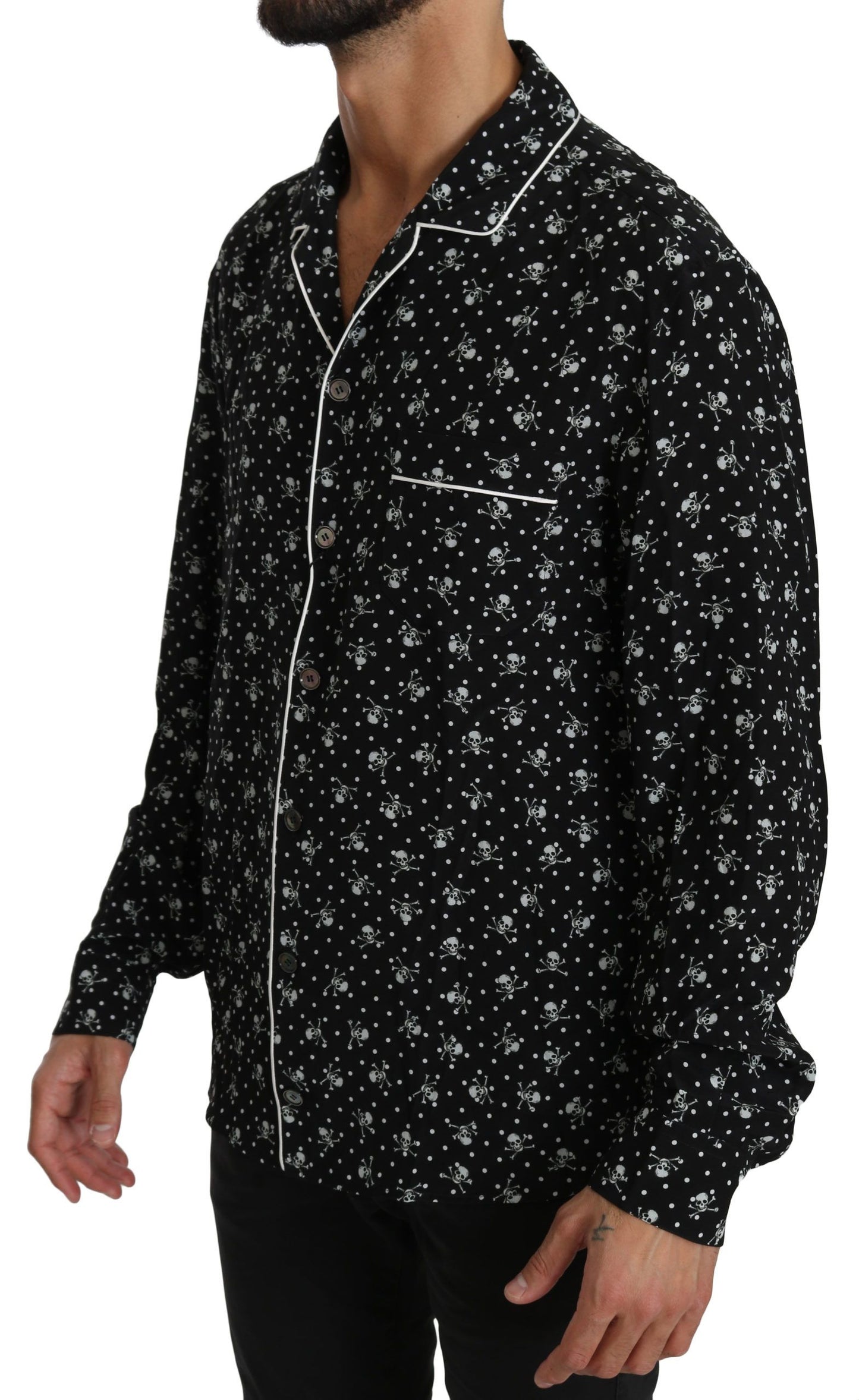 Dolce &amp; Gabbana Schwarzes Seiden-Nachthemd mit Totenkopf-Print