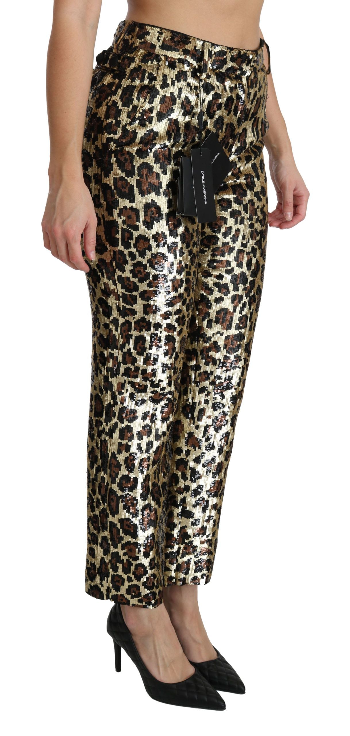 Dolce &amp; Gabbana Braune Hose mit hoher Taille und Leoparden-Pailletten