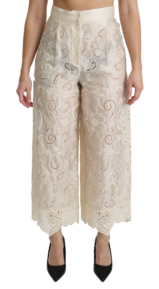 Dolce &amp; Gabbana Pantalon court Palazzo taille haute en dentelle crème