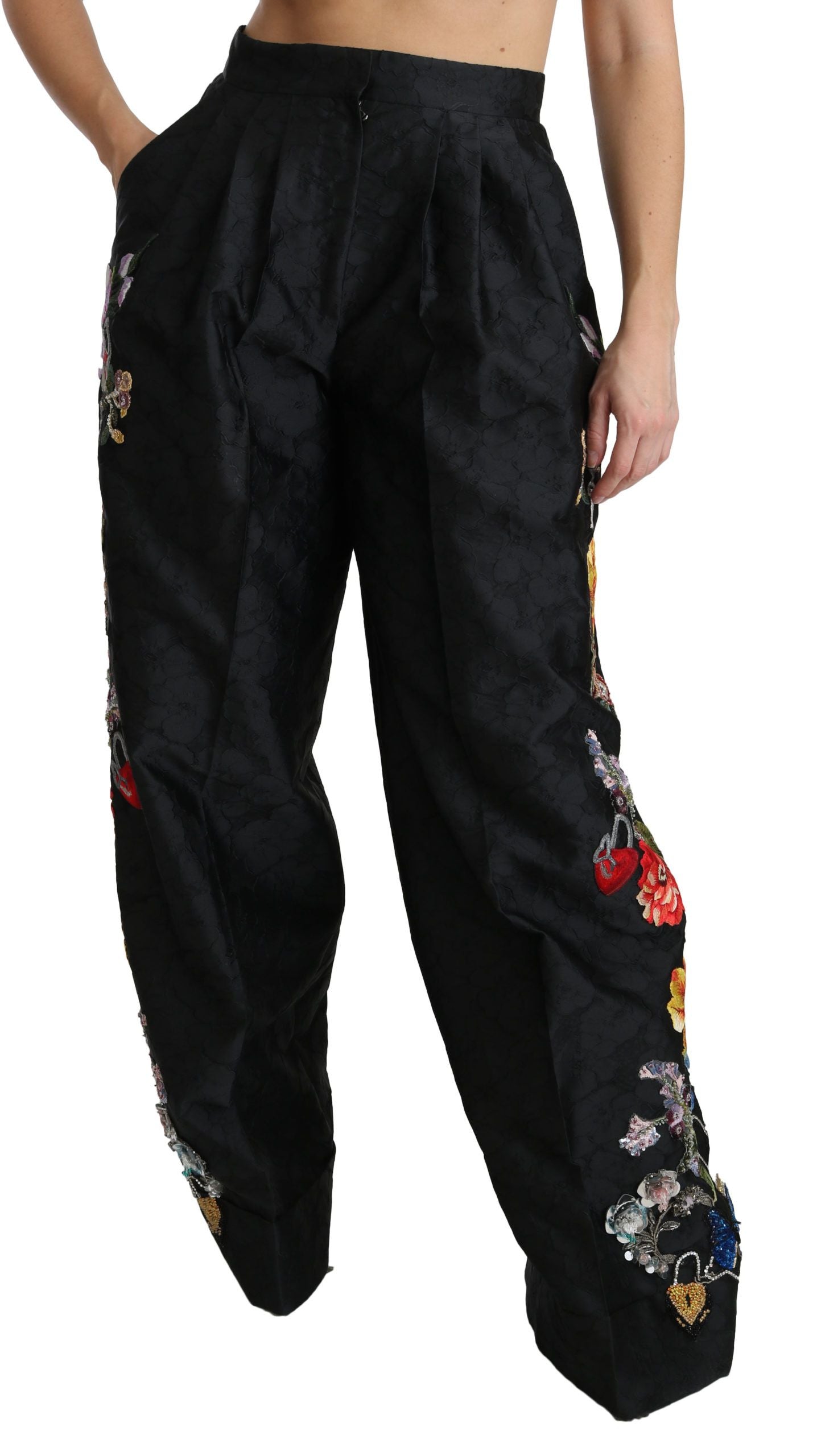 Dolce &amp; Gabbana Pantalon en brocart noir à paillettes et perles