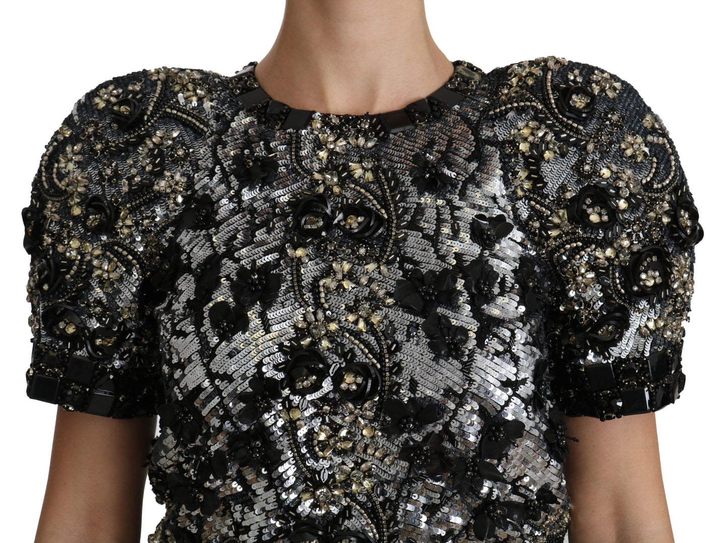 Dolce &amp; Gabbana – Schwarze, mit Pailletten und Kristallen verzierte Top-Bluse