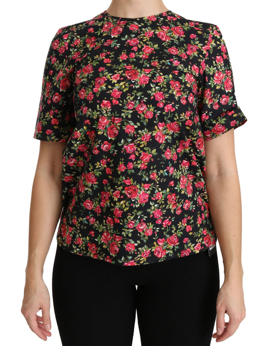 Dolce &amp; Gabbana Blouse noire à manches courtes avec roses florales