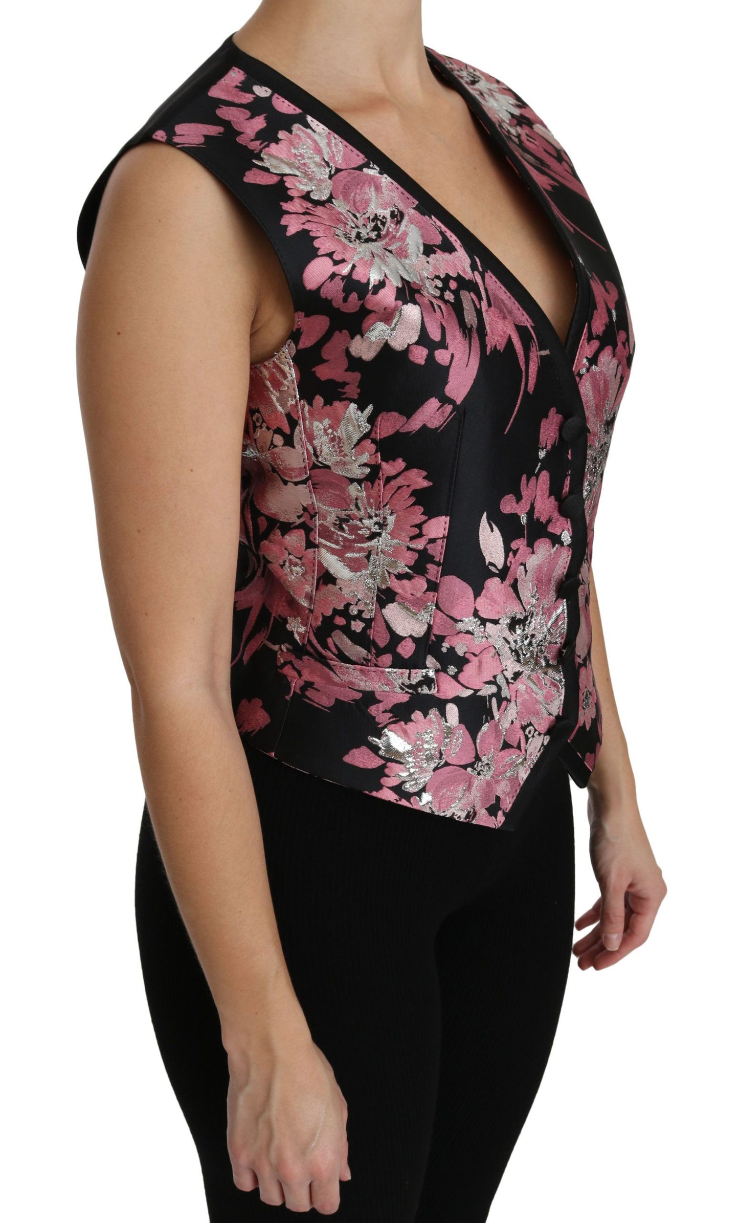 Dolce &amp; Gabbana Noir Rose Floral Gilet Gilet Blouse Top