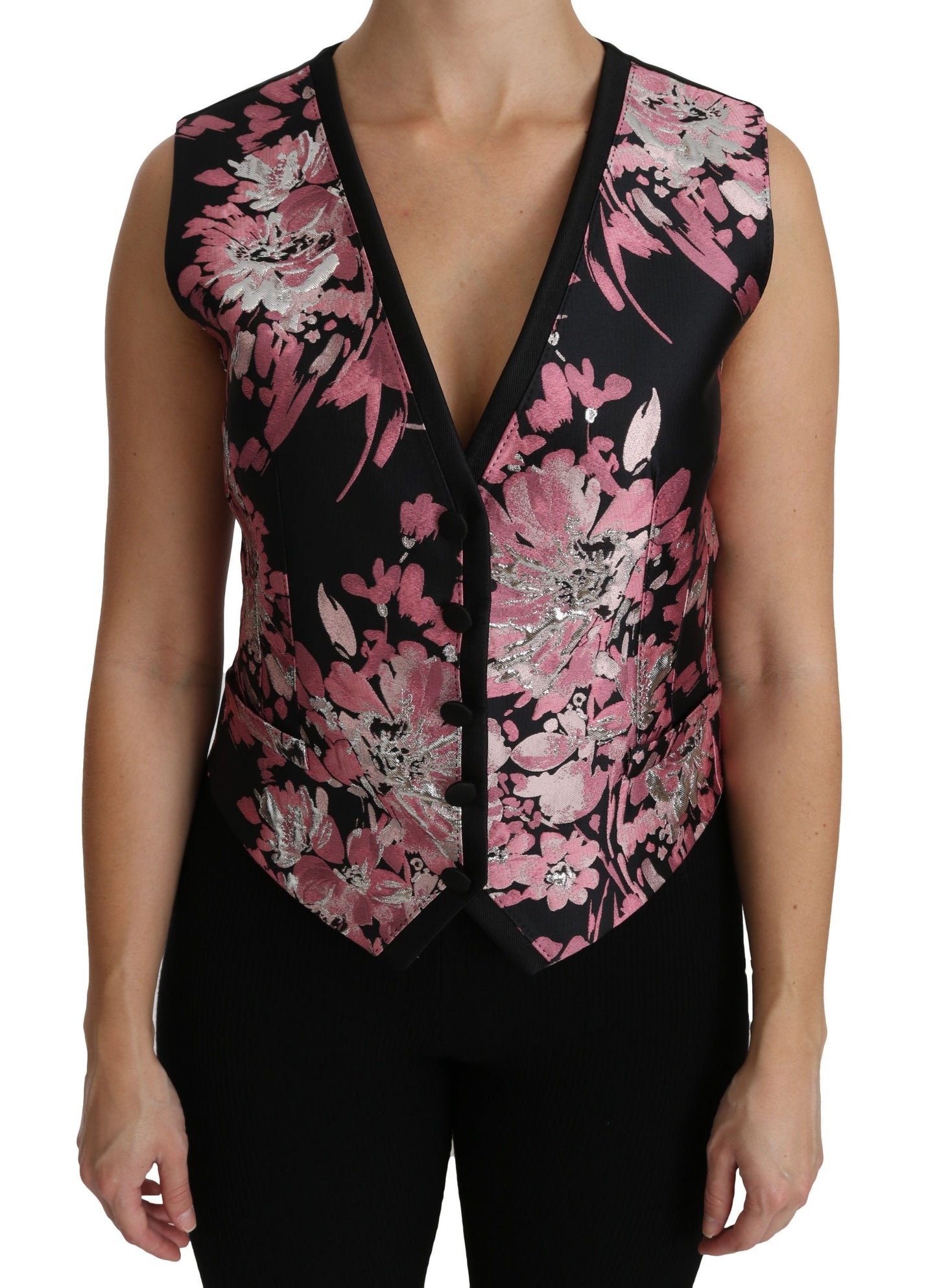 Dolce &amp; Gabbana Noir Rose Floral Gilet Gilet Blouse Top