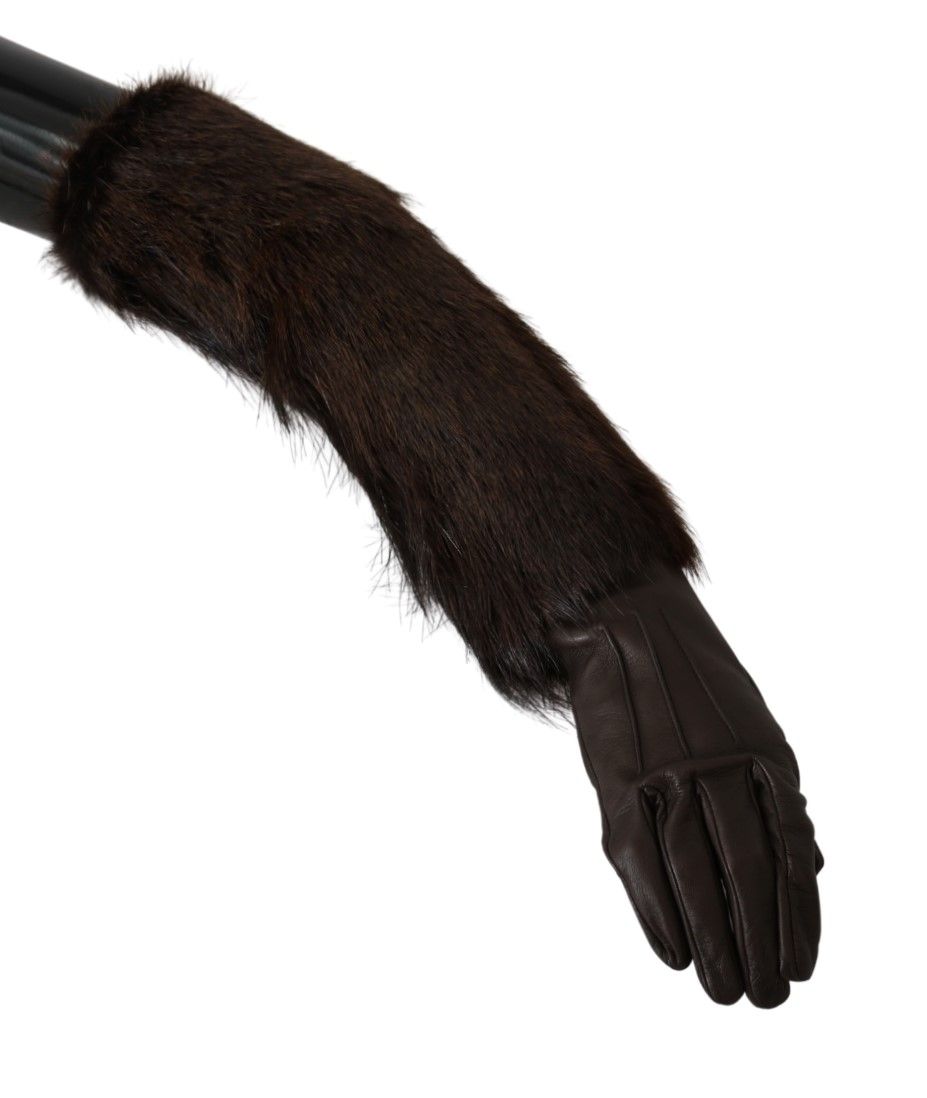 Dolce &amp; Gabbana Gants en fourrure de cuir mitaines marron longueur coude