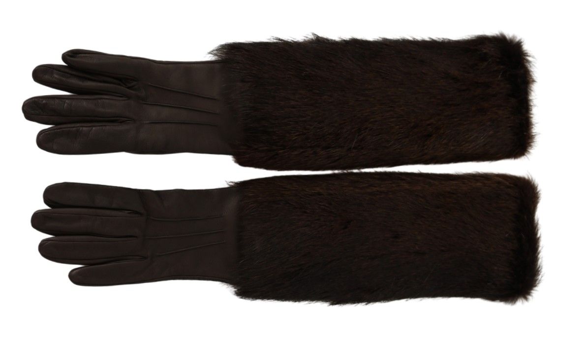 Dolce &amp; Gabbana Gants en fourrure de cuir mitaines marron longueur coude