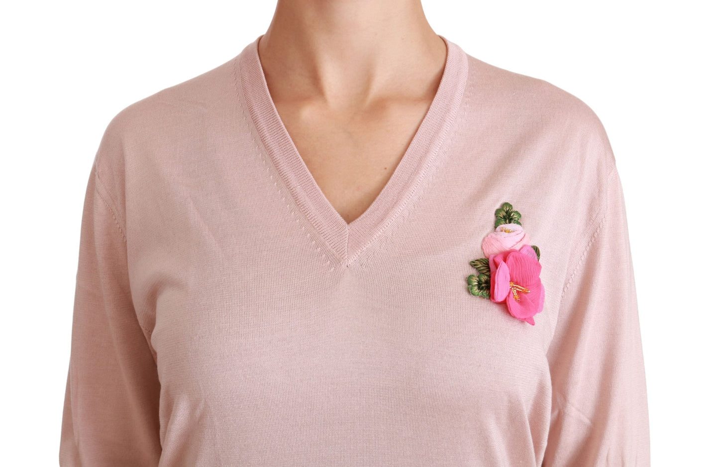 Dolce &amp; Gabbana Rosafarbener, mit Blumen verzierter Seidenpullover