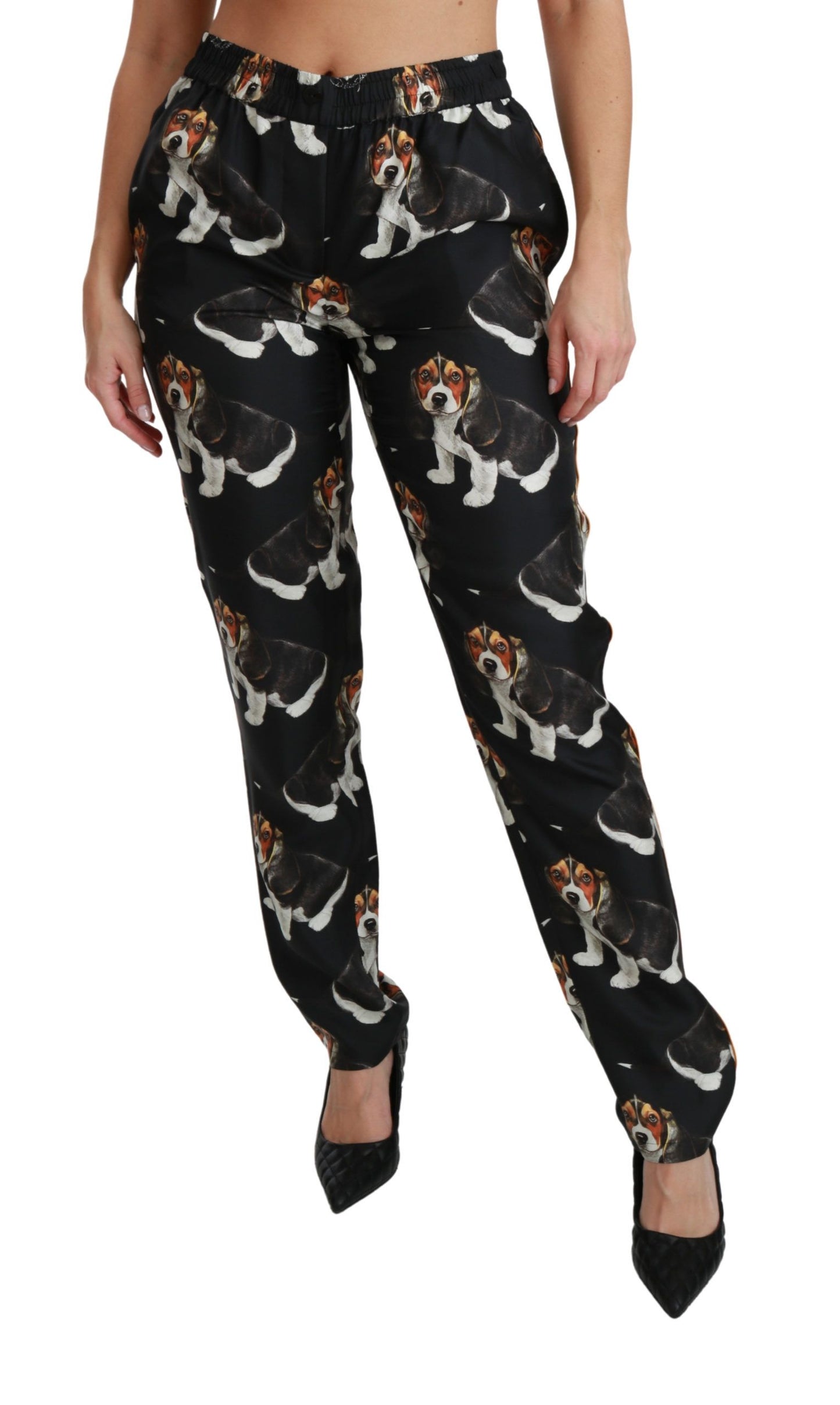 Dolce &amp; Gabbana Pantalon skinny en soie noir Puppy Dog taille moyenne