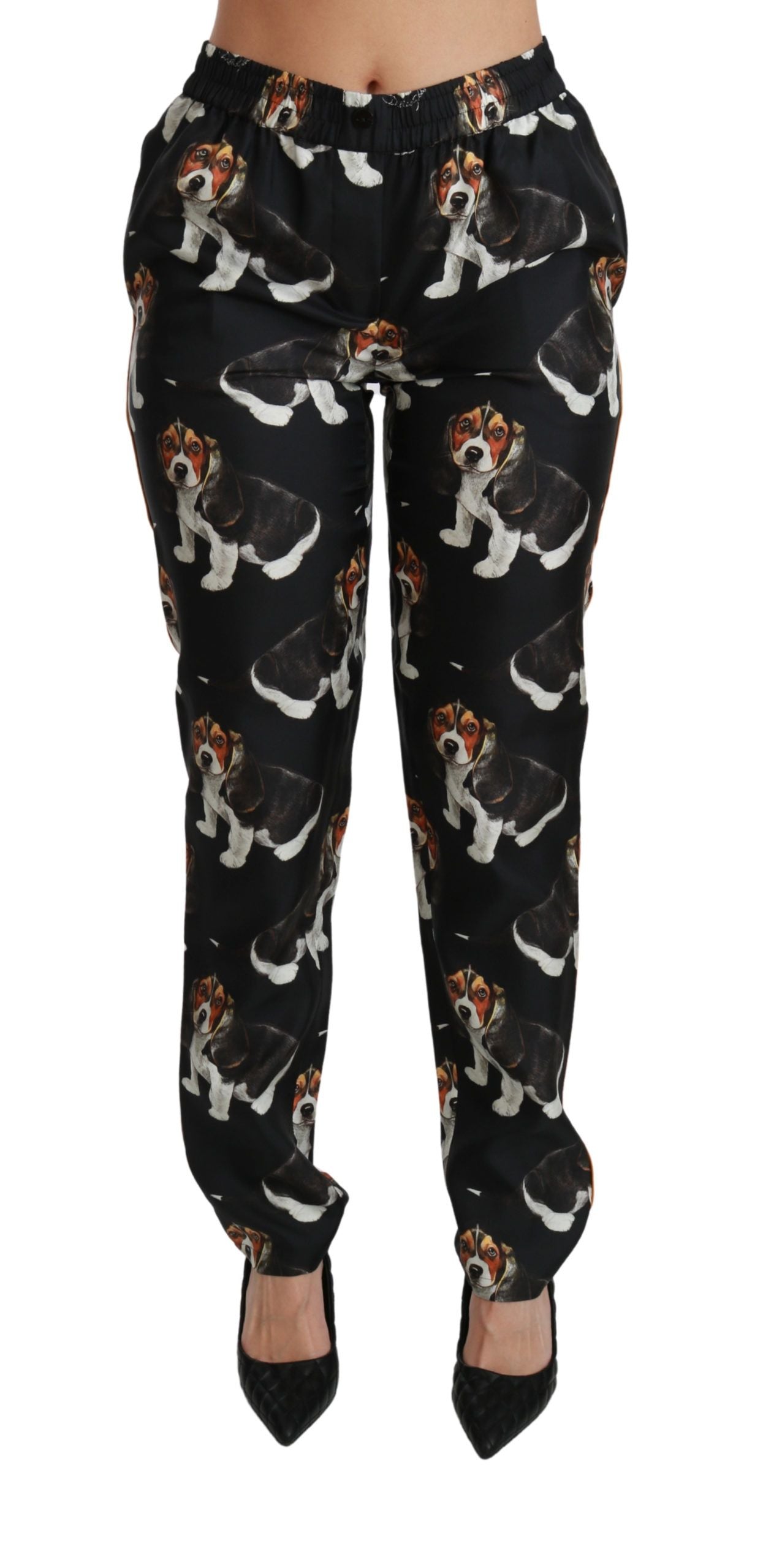 Dolce &amp; Gabbana Pantalon skinny en soie noir Puppy Dog taille moyenne