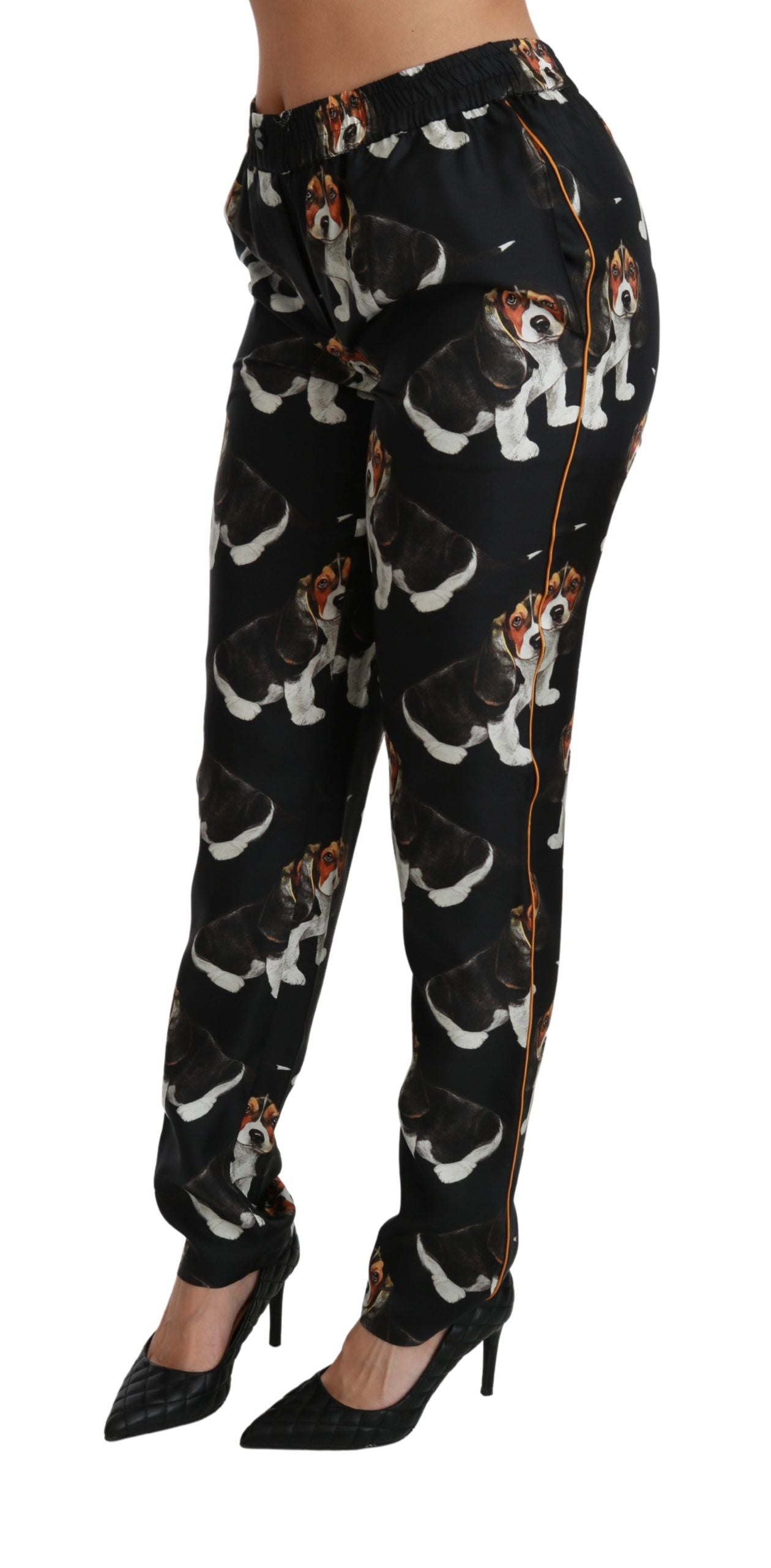 Dolce &amp; Gabbana Pantalon skinny en soie noir Puppy Dog taille moyenne