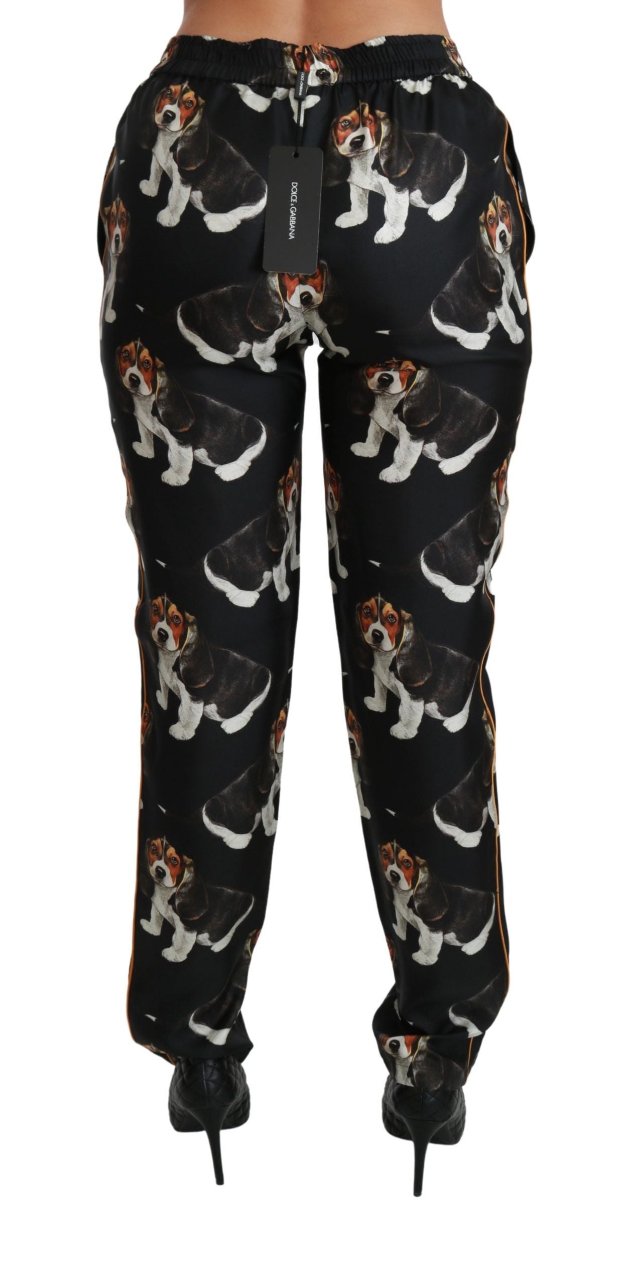 Dolce &amp; Gabbana Pantalon skinny en soie noir Puppy Dog taille moyenne