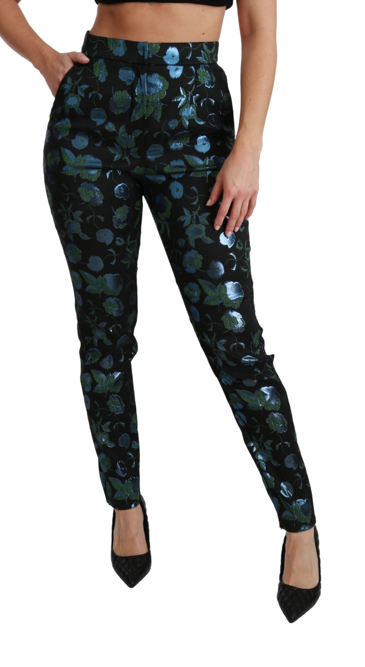 Dolce &amp; Gabbana Pantalon slim métallisé à fleurs bleu vert