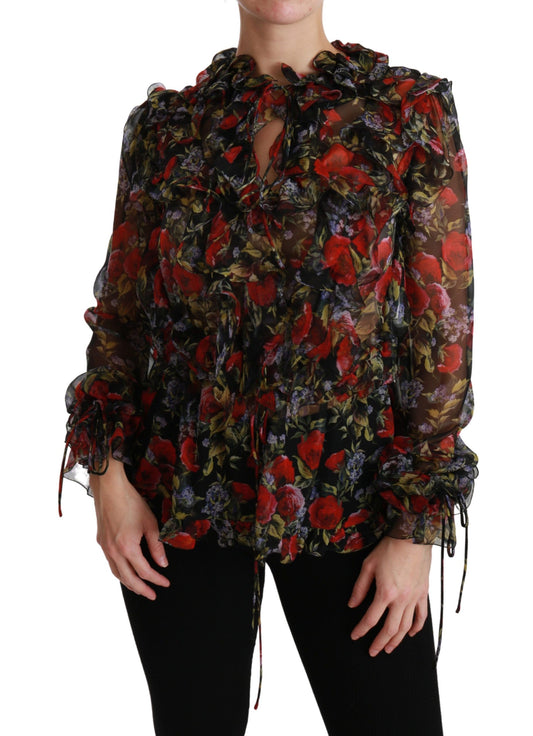 Dolce &amp; Gabbana Blouse noire à roses florales en soie