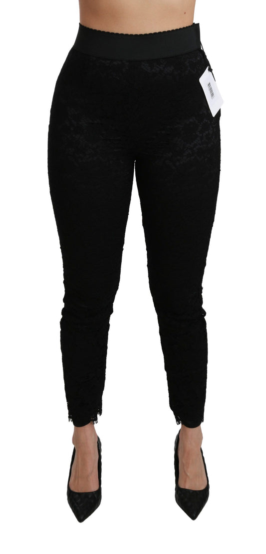 Dolce &amp; Gabbana Pantalon skinny en coton taille haute en dentelle noire