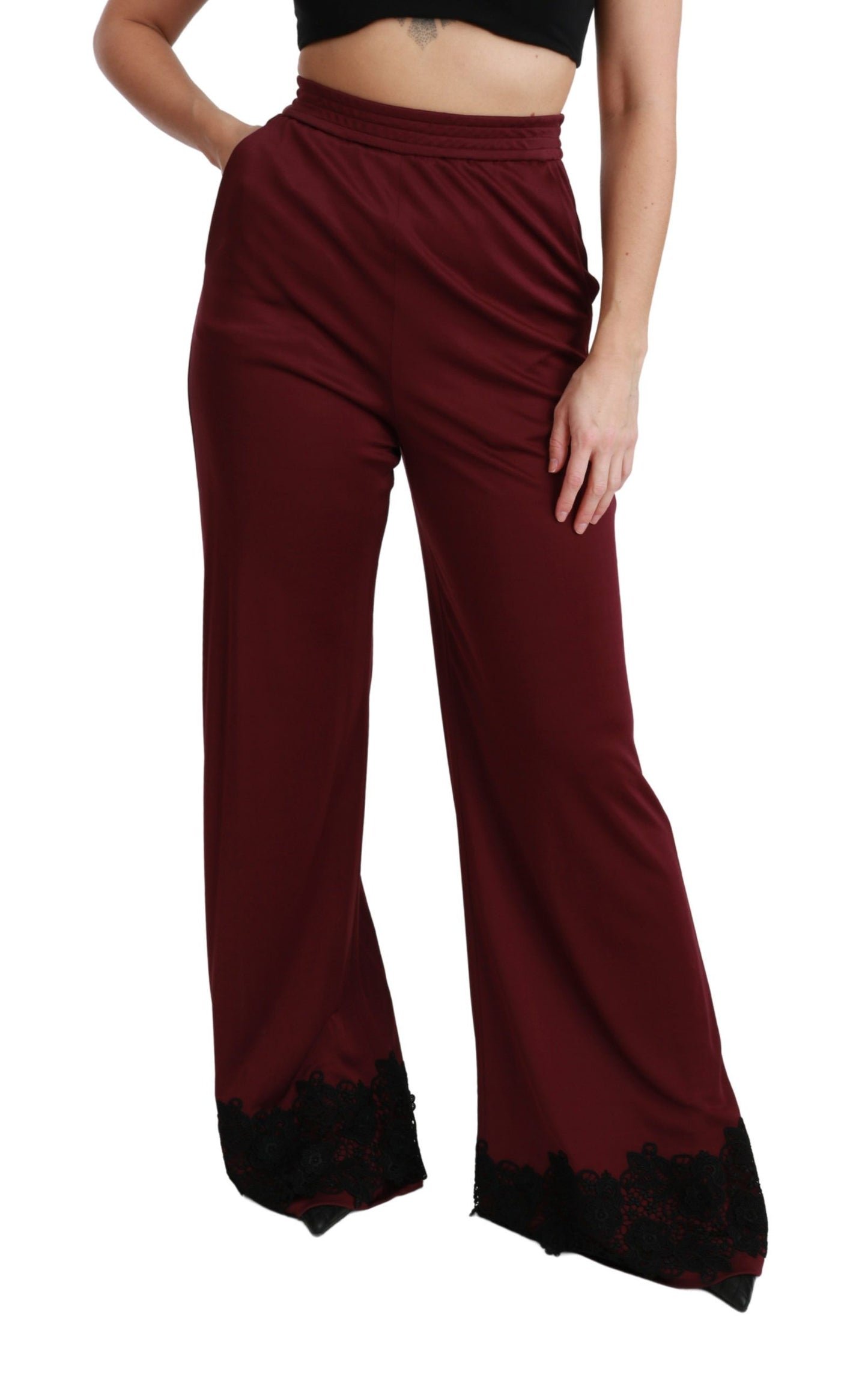 Dolce &amp; Gabbana Pantalon marron taille haute en dentelle noire à jambe large