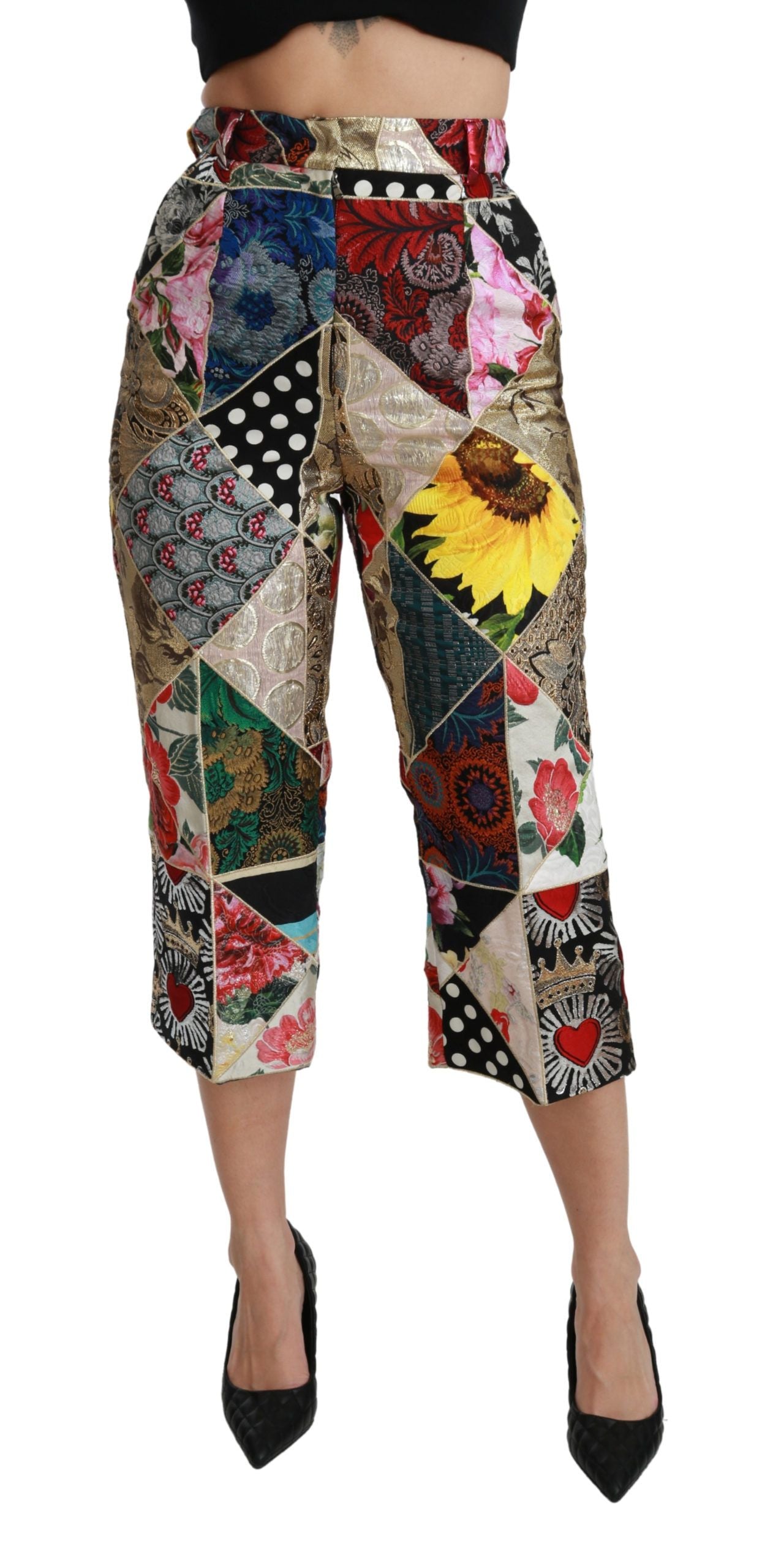 Dolce &amp; Gabbana Kurz geschnittene Hose aus Seide mit mehrfarbigem Print und hoher Taille