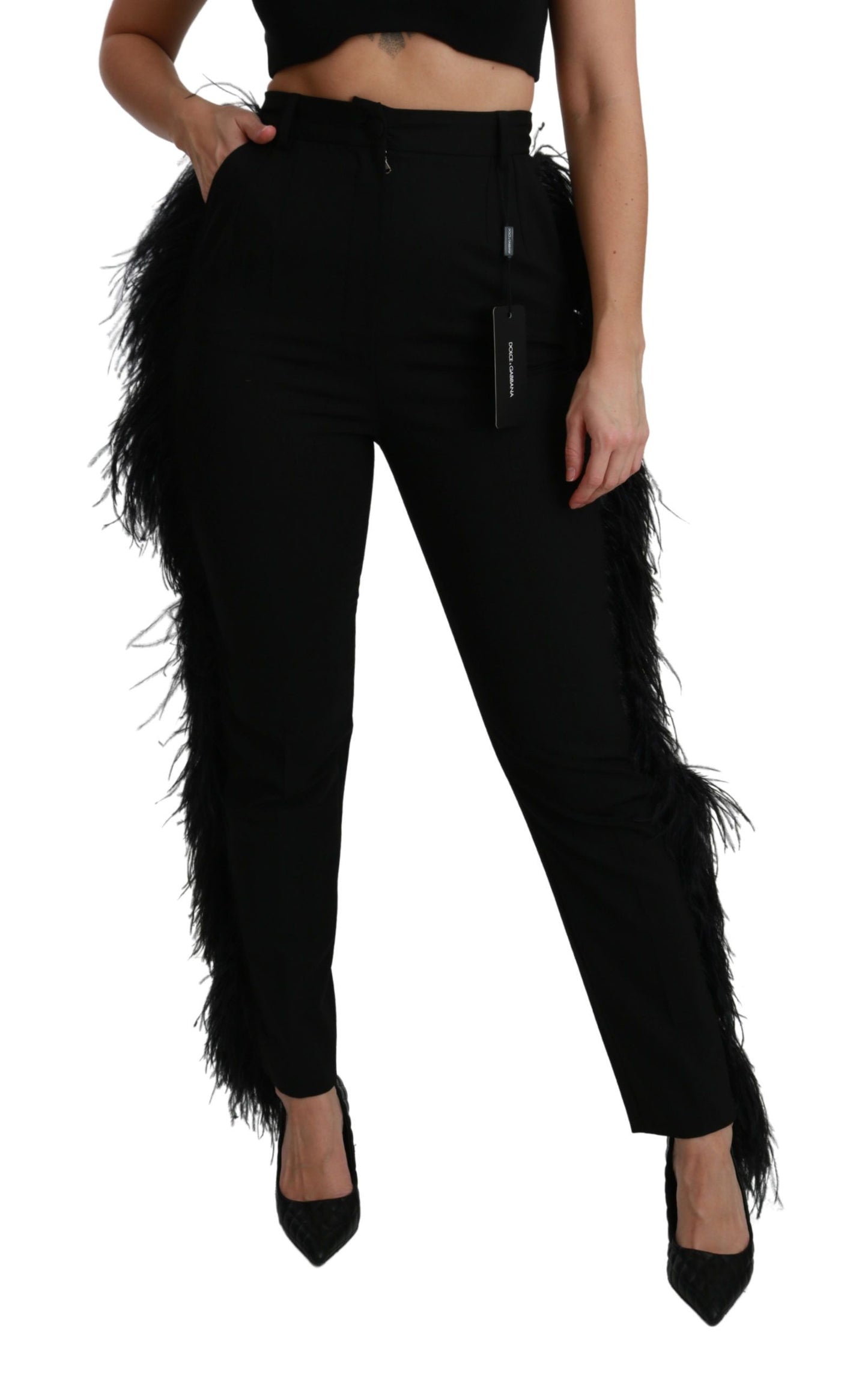 Dolce &amp; Gabbana Pantalon droit en laine taille haute en plumes noires