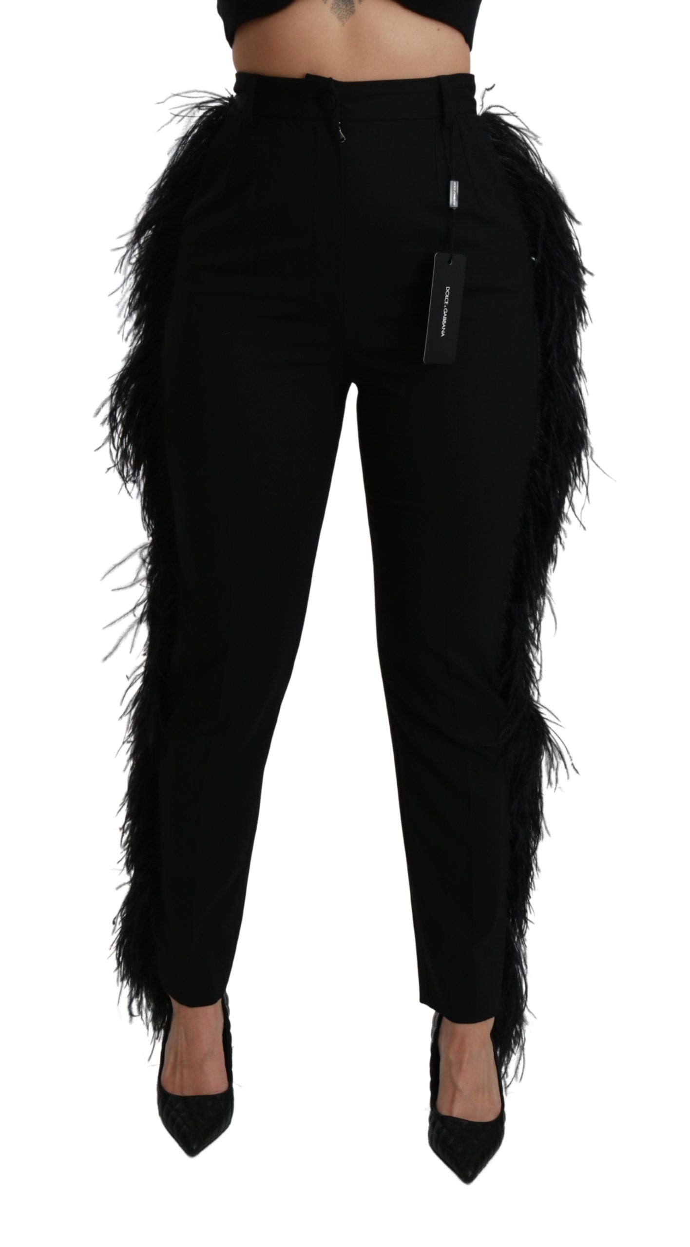 Dolce &amp; Gabbana Pantalon droit en laine taille haute en plumes noires