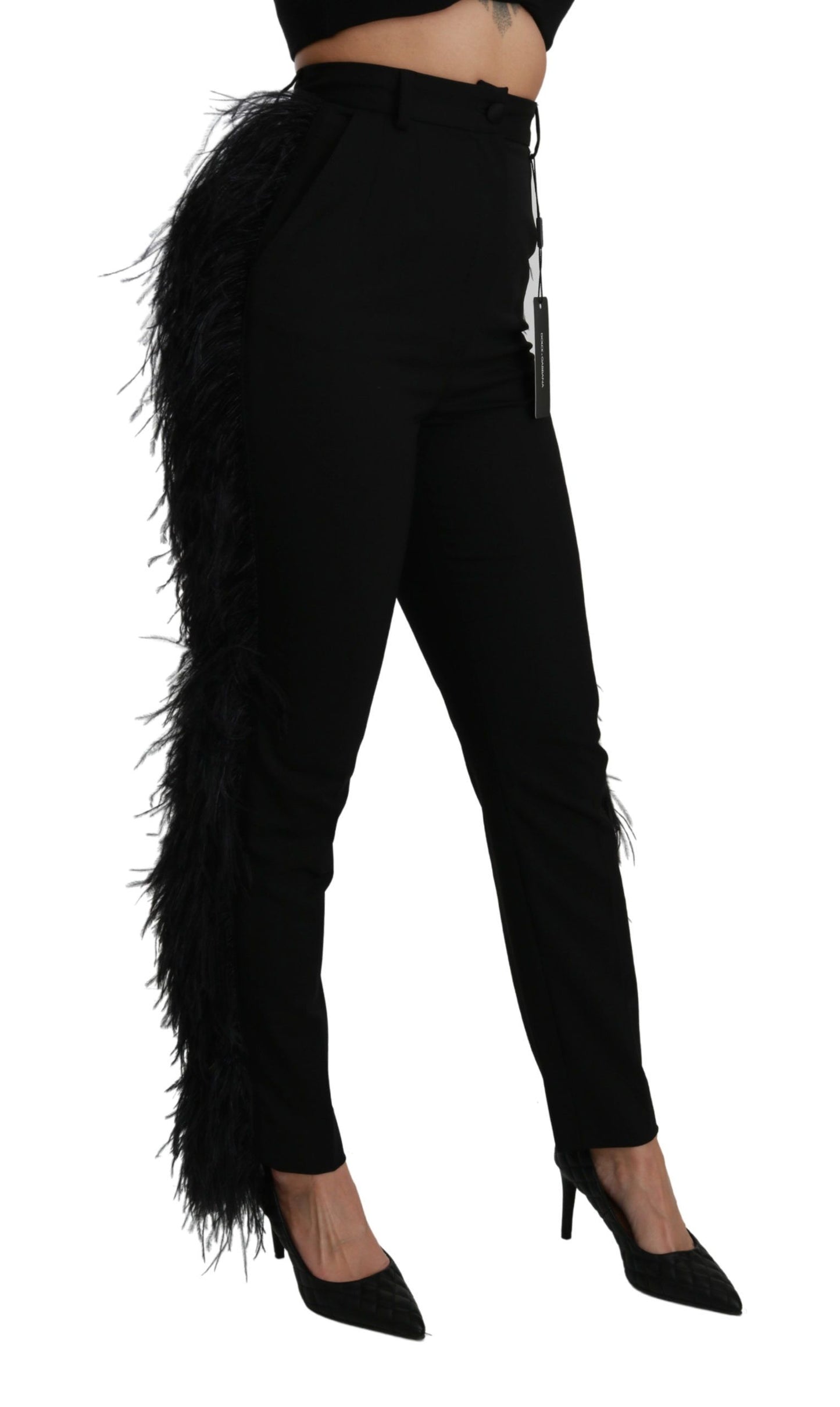 Dolce &amp; Gabbana Pantalon droit en laine taille haute en plumes noires