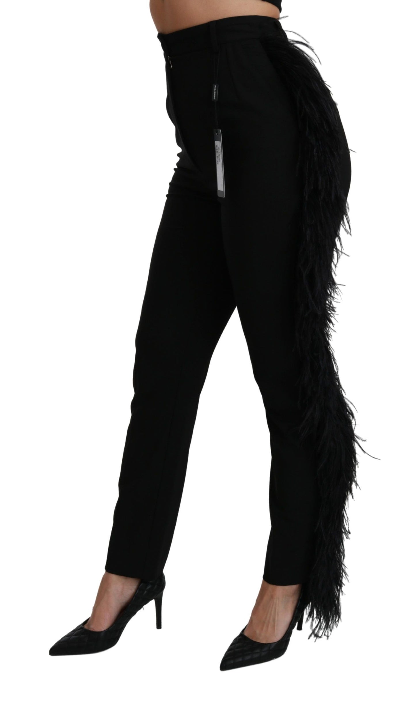 Dolce &amp; Gabbana Pantalon droit en laine taille haute en plumes noires