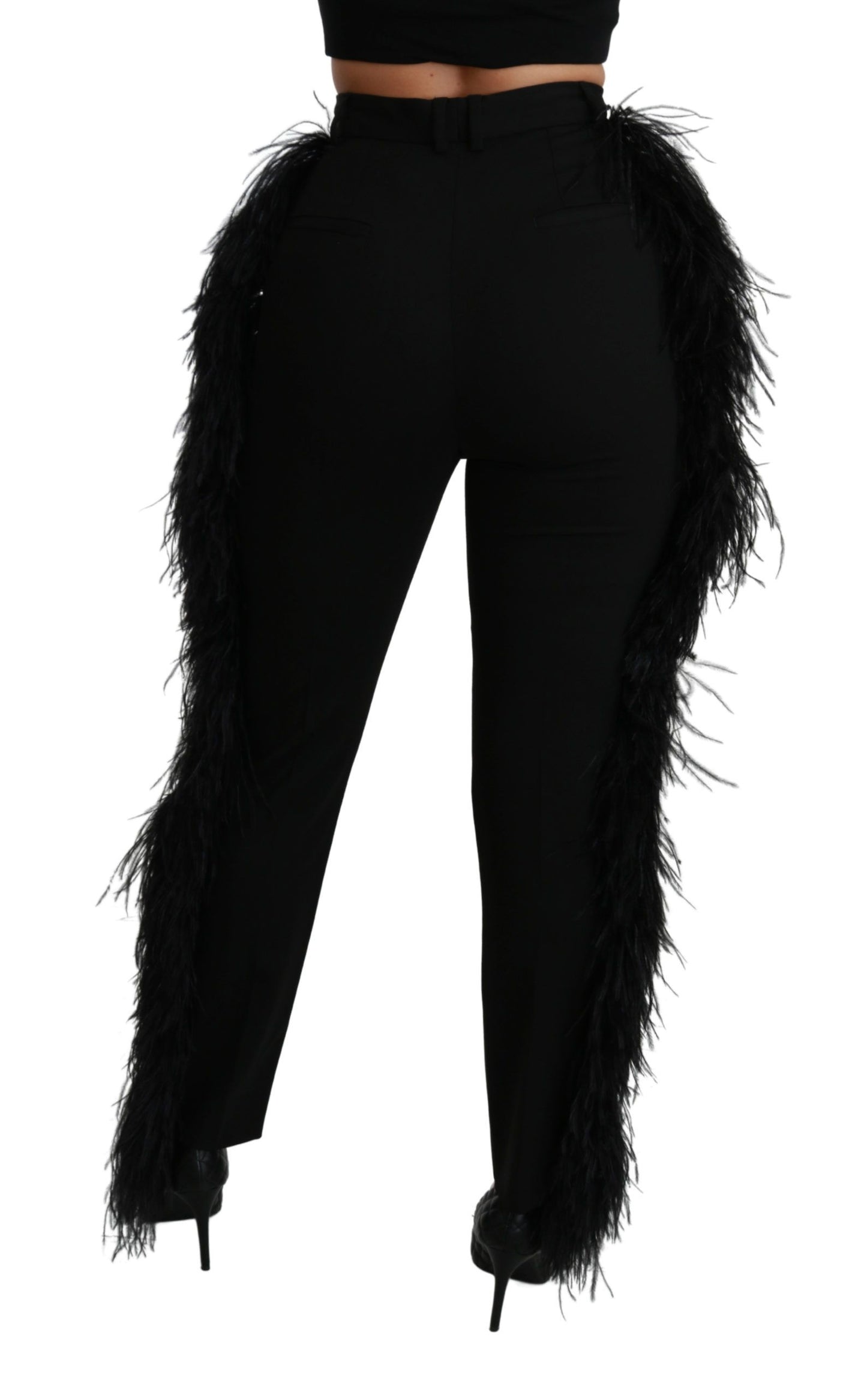 Dolce &amp; Gabbana Pantalon droit en laine taille haute en plumes noires