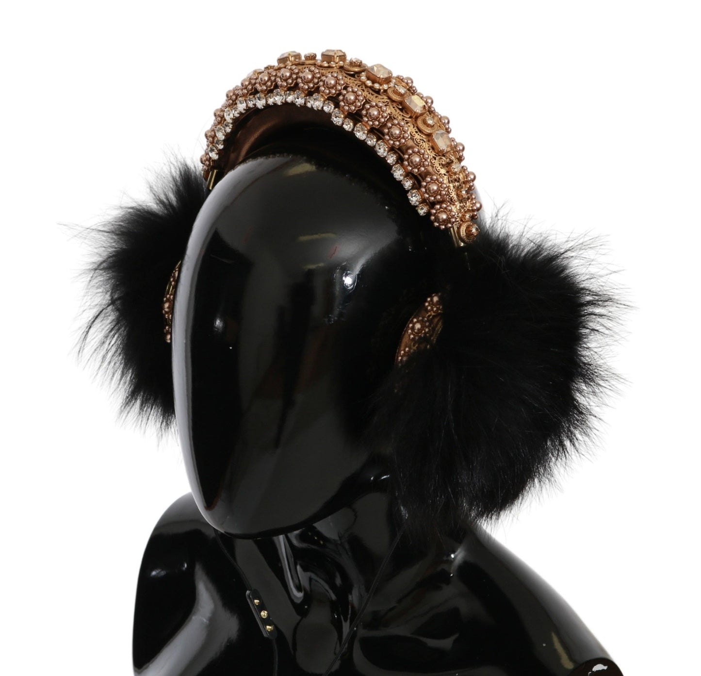 Dolce &amp; Gabbana Gold Black Crystal Fur Headset Audio-Kopfhörer