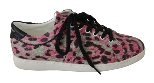 Dolce &amp; Gabbana Rosafarbene, flache Trainings-Sneaker aus Leder mit Leopardenmuster