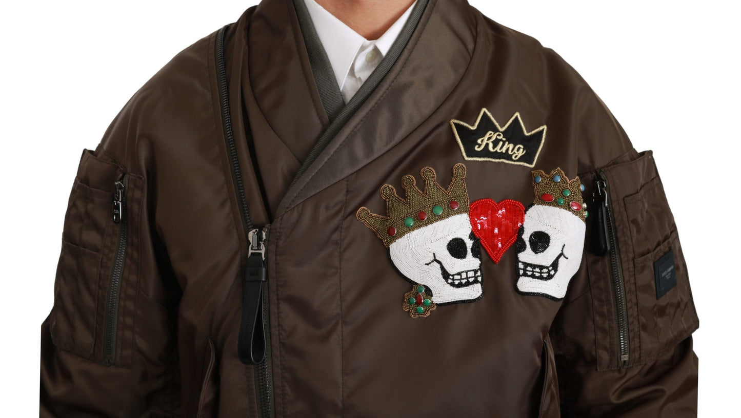 Dolce &amp; Gabbana Braune, mit Perlen besetzte Jacke mit Krone und Totenkopf-Logo