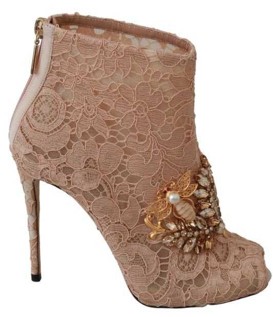 Dolce &amp; Gabbana Pink Crystal Lace Booties Stilettos Schuhe