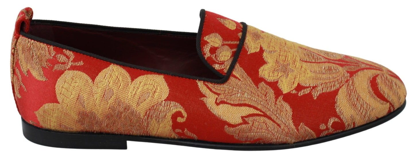 Dolce &amp; Gabbana Pantoufles En Brocart Or Rouge Mocassins Chaussures