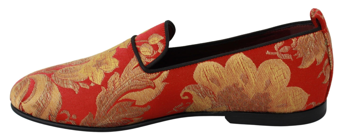 Dolce &amp; Gabbana Pantoufles En Brocart Or Rouge Mocassins Chaussures