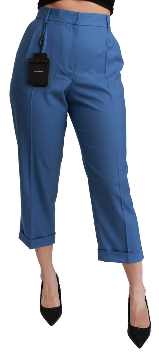 Dolce &amp; Gabbana Pantalon court en laine plissée bleue à revers