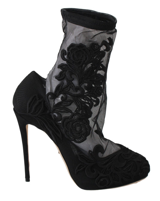 Dolce &amp; Gabbana Black Roses Stilettos Bottines Chaussettes Chaussures