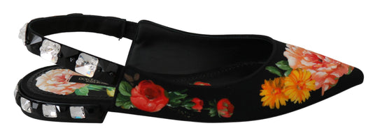 Dolce &amp; Gabbana Schwarze, florale Slingback-Schuhe mit Kristallen