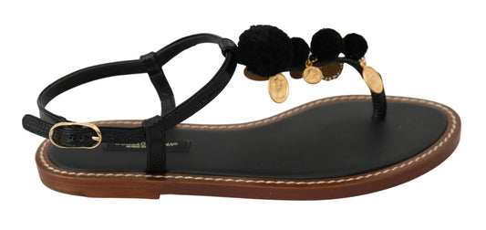 Dolce &amp; Gabbana Pièces de monnaie en cuir noir Tongs Sandales Chaussures