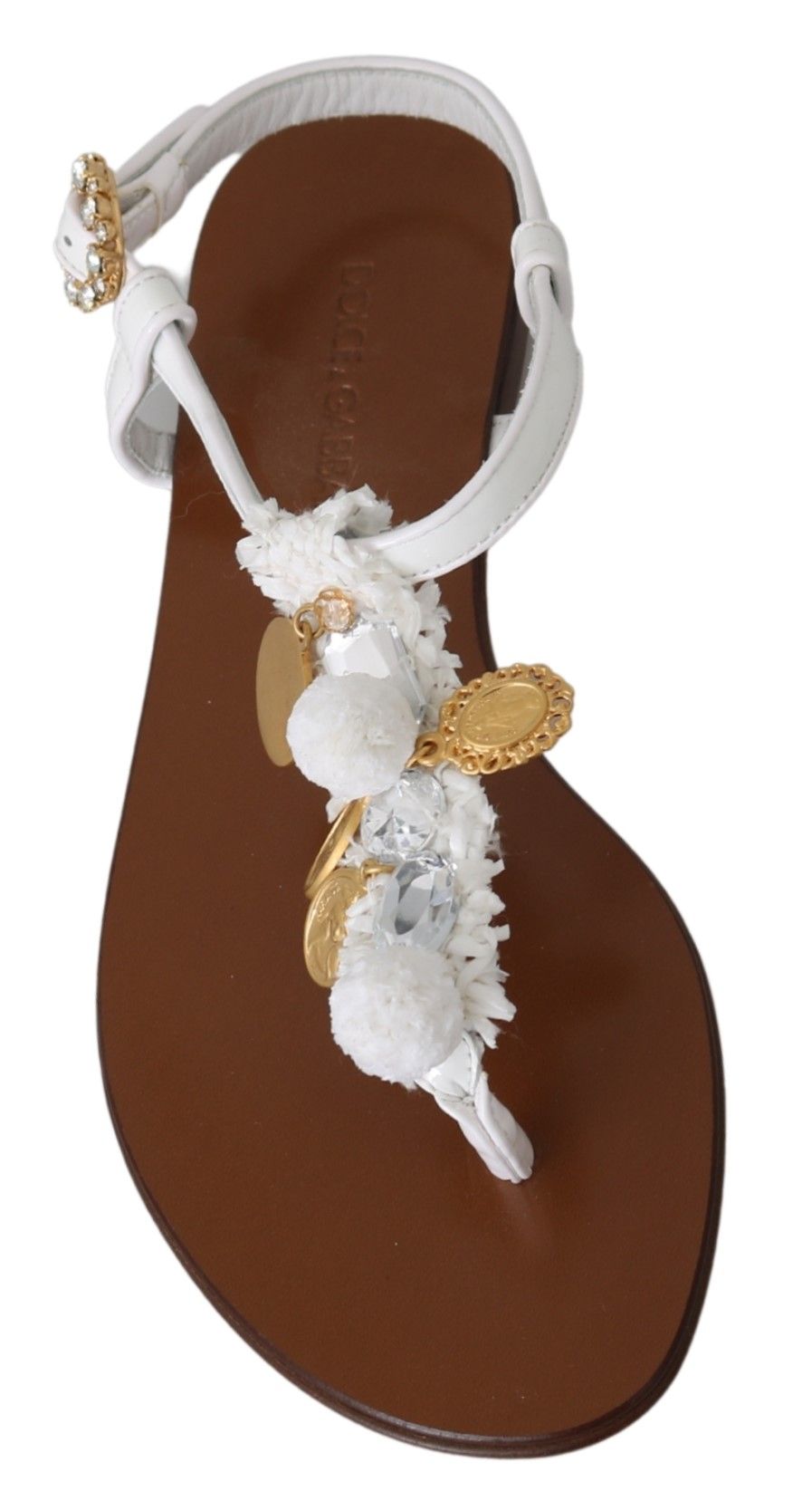 Dolce &amp; Gabbana Tongs en cuir blanc avec pièces de monnaie, sandales et chaussures