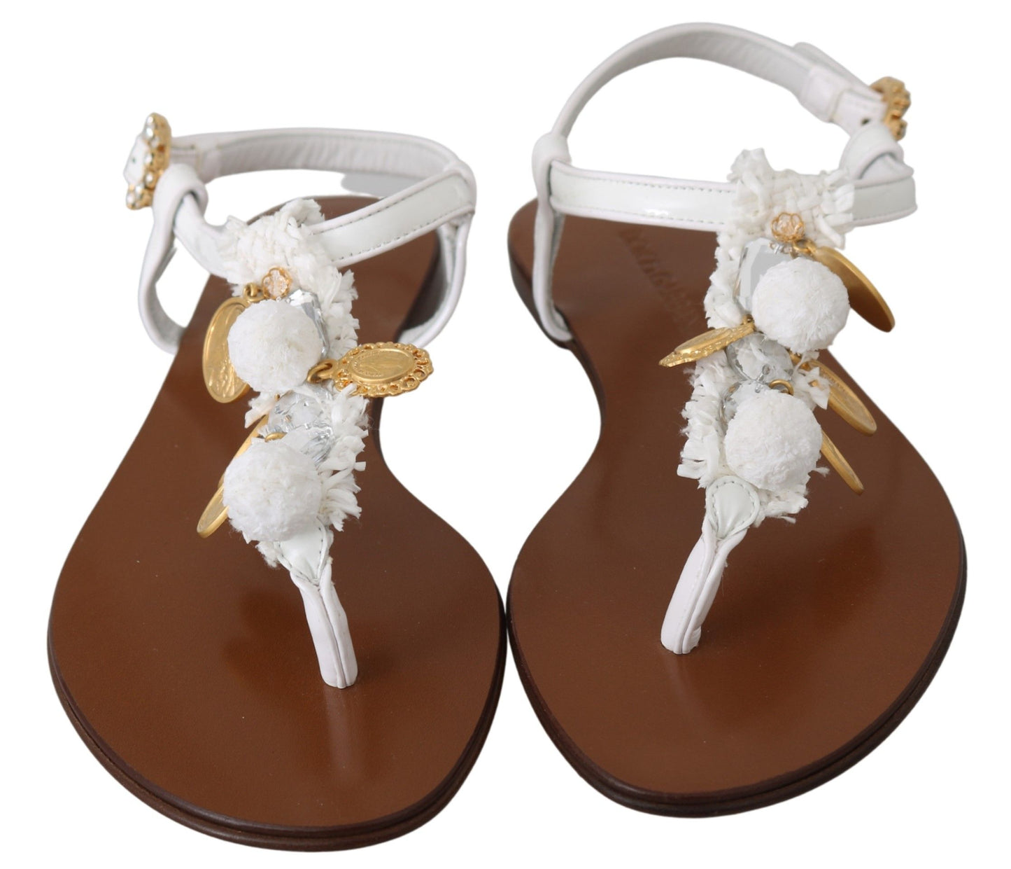 Dolce &amp; Gabbana Weiße Ledermünzen Flip Flops Sandalen Schuhe