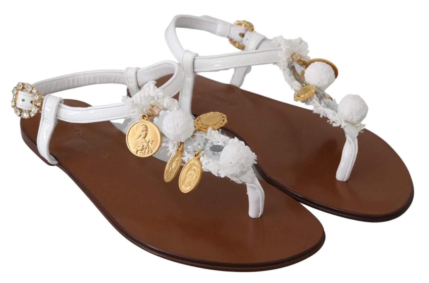 Dolce &amp; Gabbana Tongs en cuir blanc avec pièces de monnaie, sandales et chaussures