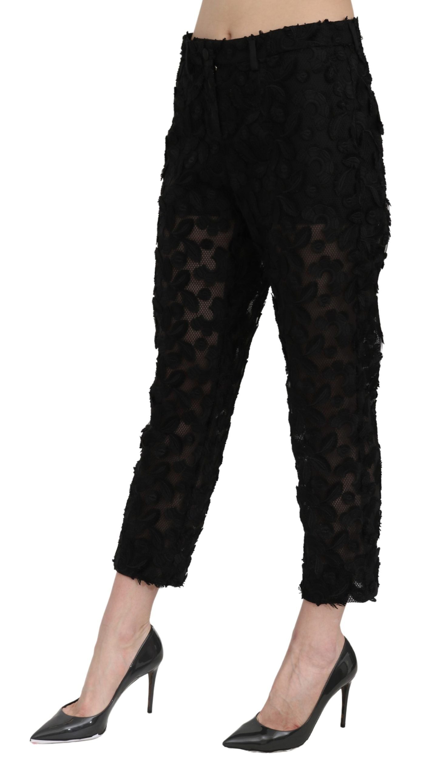 Dolce &amp; Gabbana Pantalon droit court taille haute en dentelle noire