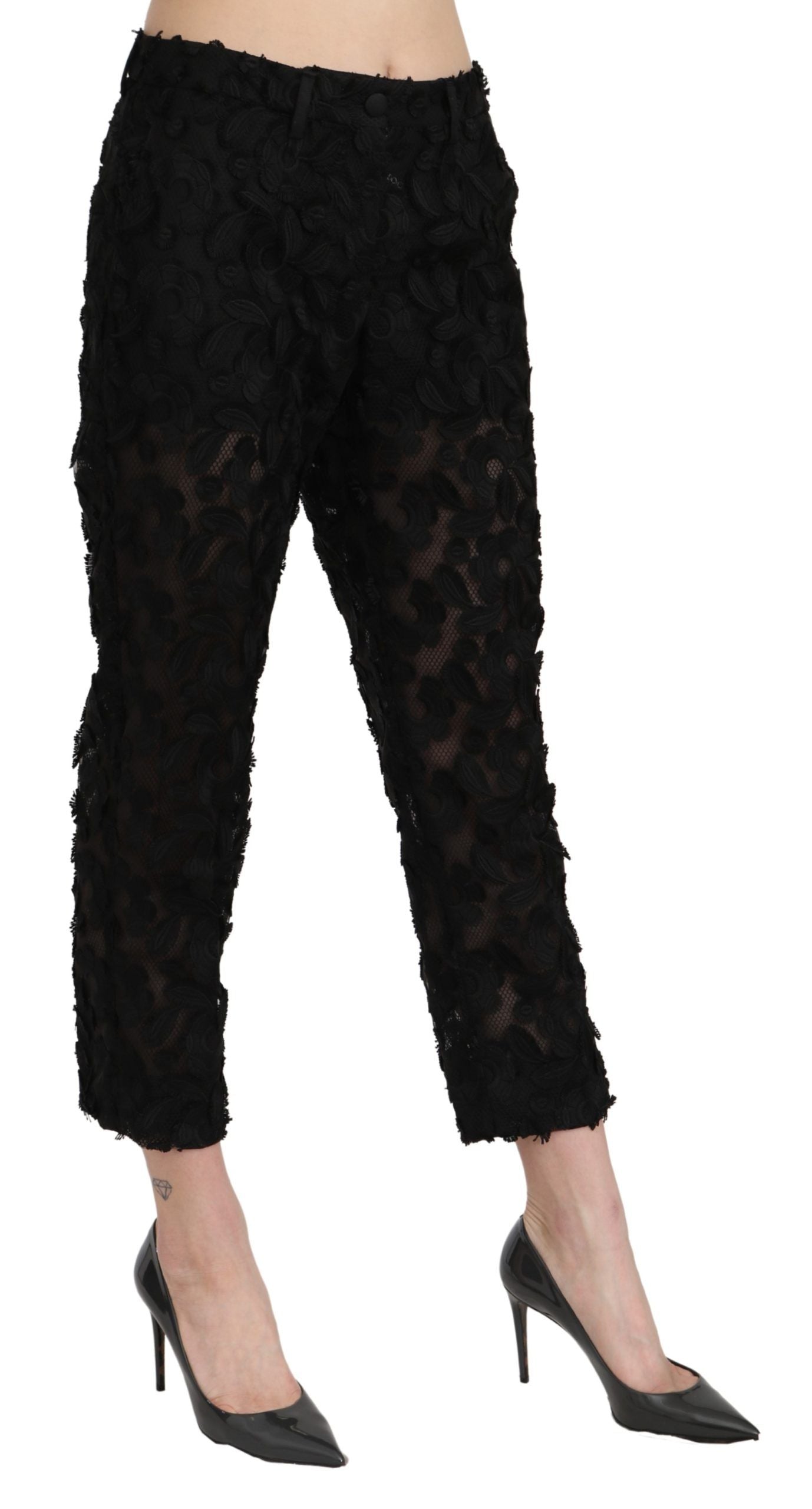 Dolce &amp; Gabbana Pantalon droit court taille haute en dentelle noire