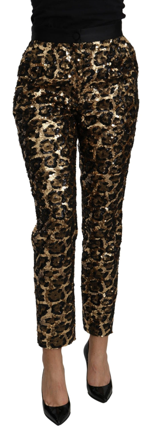 Dolce &amp; Gabbana Goldbraune Hose mit Leoparden-Pailletten und hoher Taille