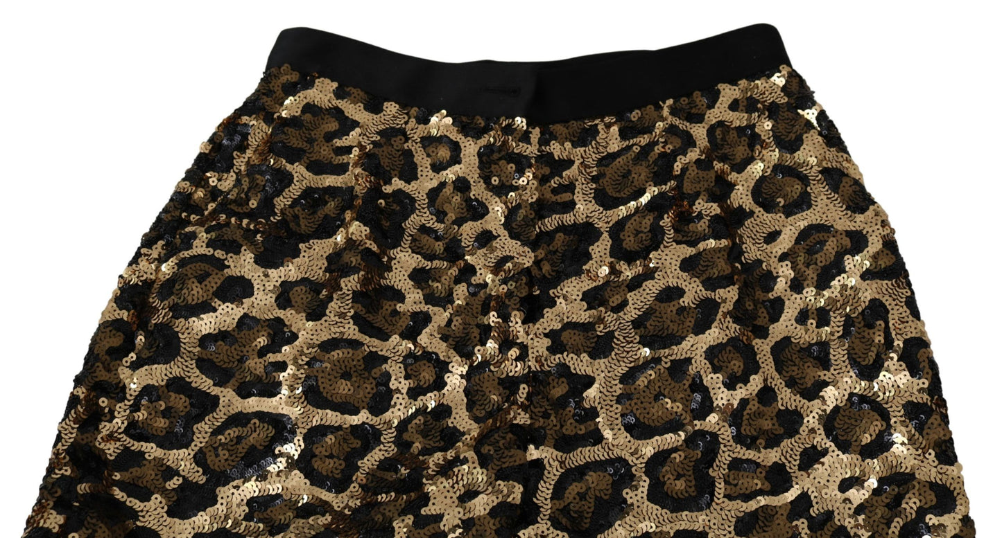 Dolce &amp; Gabbana Goldbraune Hose mit Leoparden-Pailletten und hoher Taille